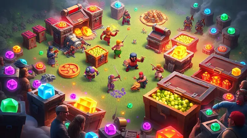 Campo de batalla mágico con personajes y gemas