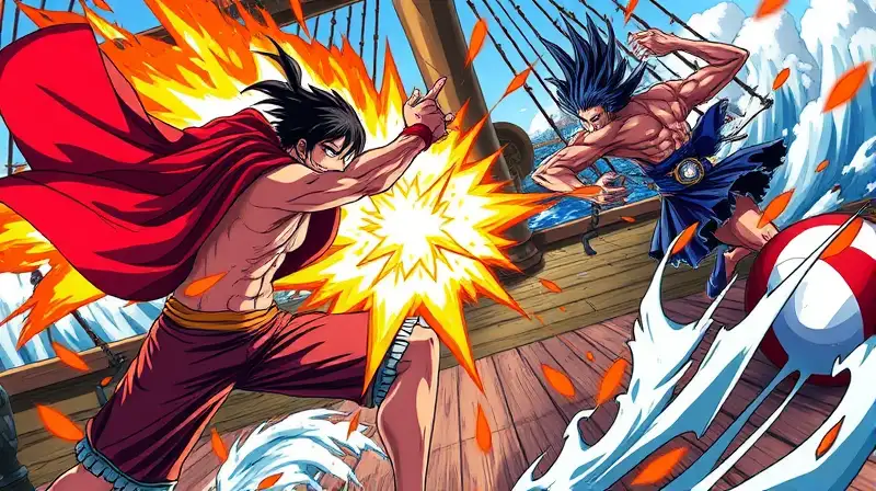 Dos luchadores anime peleando en barco