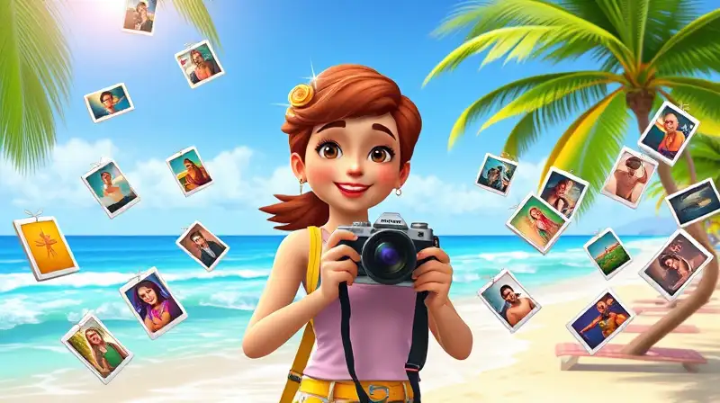 Sim alegre con cámara en playa tropical