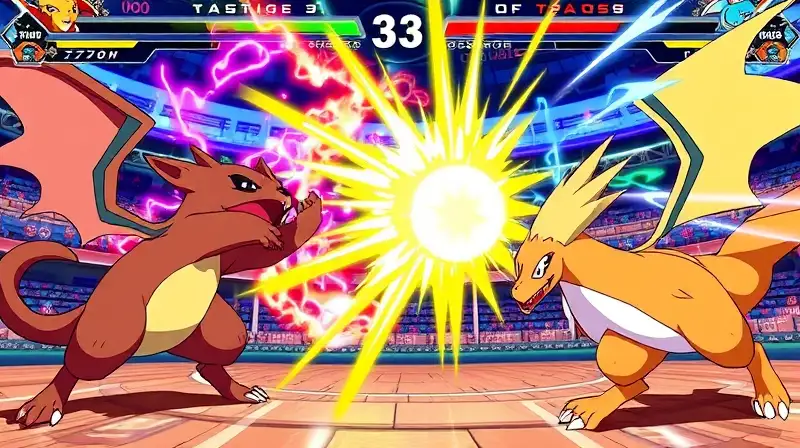 Batalla Pokémon intensa con efectos vibrantes