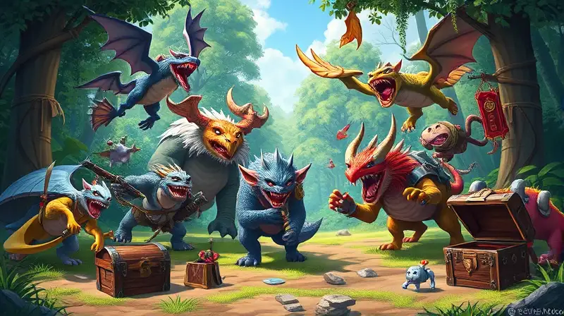Criaturas dinámicas en bosque colorido y aventurero