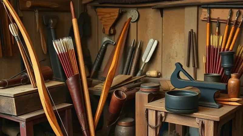 Arcos y flechas artesanales en taller rústico