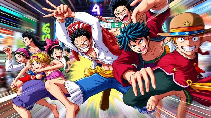Escena dinámica de One Piece con acción