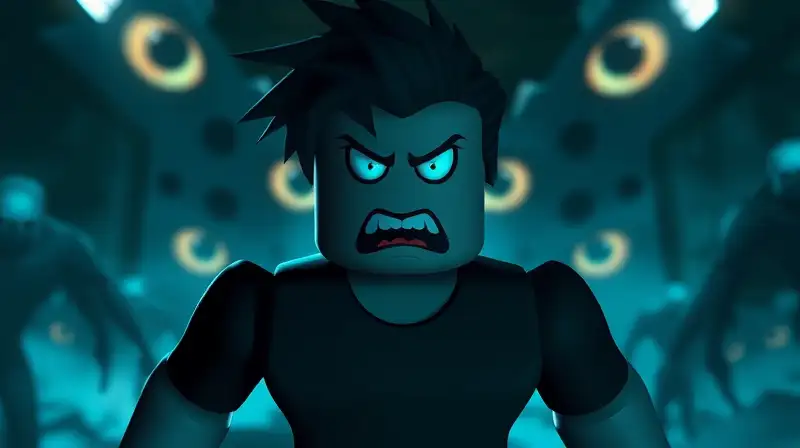 Personaje Roblox temeroso en ambiente oscuro