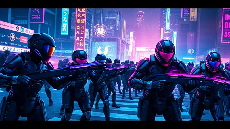 Batalla futurista con soldados cibernéticos neón