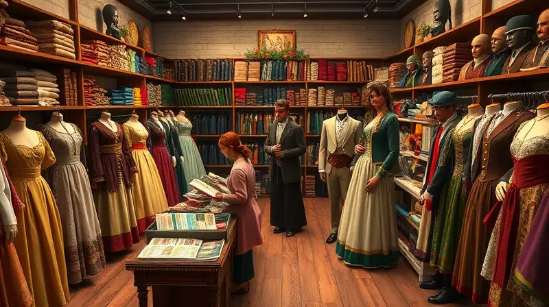 Tienda vintage con trajes históricos y decoración cálida