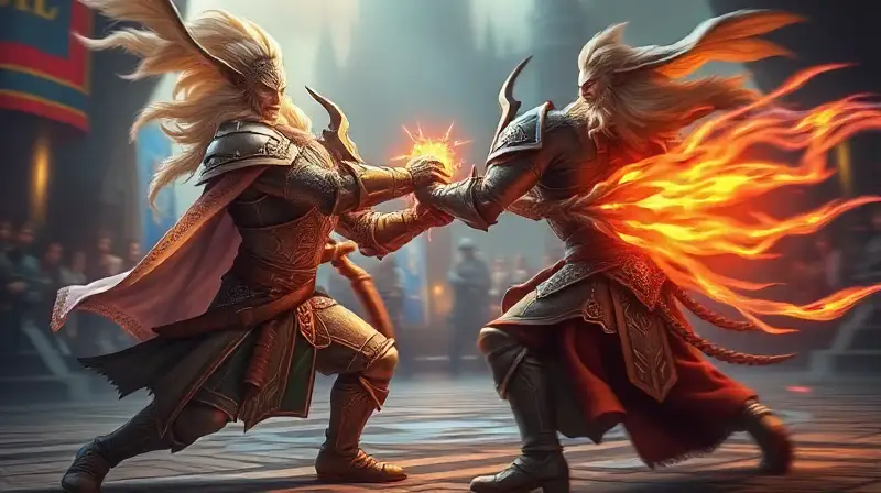 Guerreros armados luchan mágicamente en arena