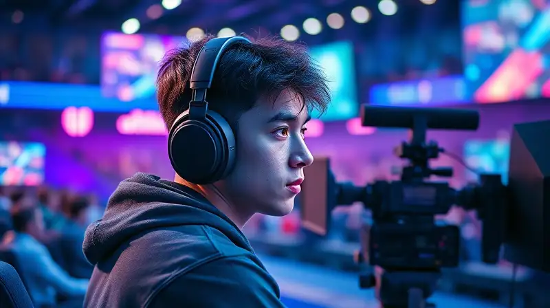 Gamer atento en arena esports con iluminación