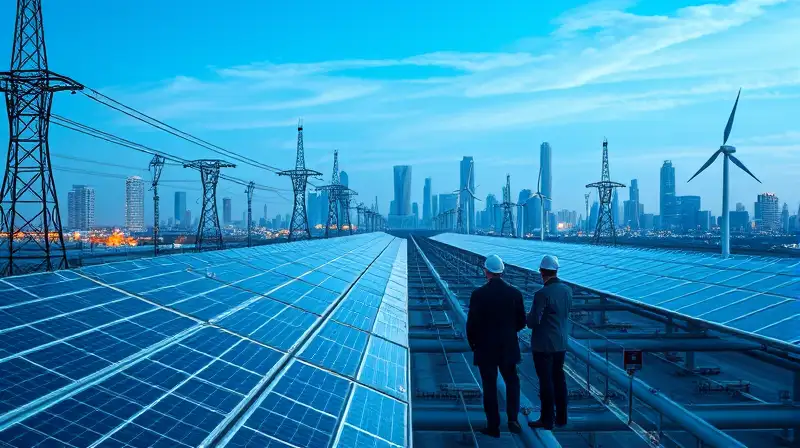 Red eléctrica moderna con energía solar eólica