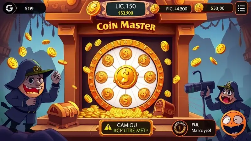 Interfaz de Coin Master con juego y advertencias