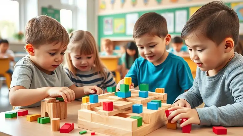 Niños diversos aprenden jugando en aula