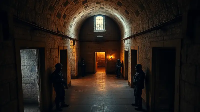 Interior fortificado con corredores y guardias