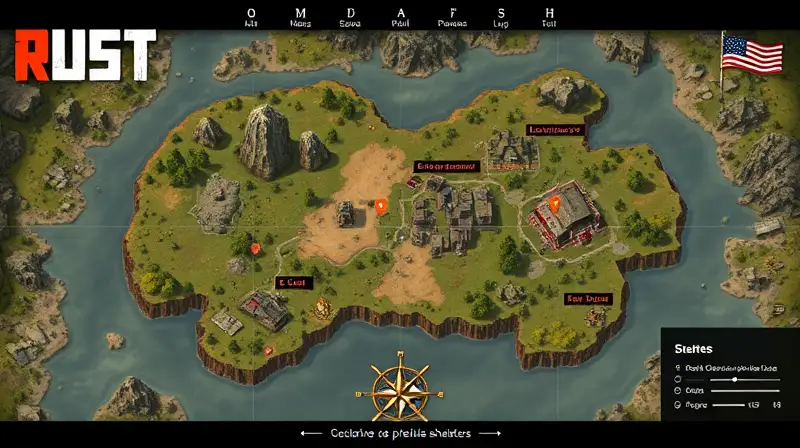 Mapa digital de Rust con refugios destacados