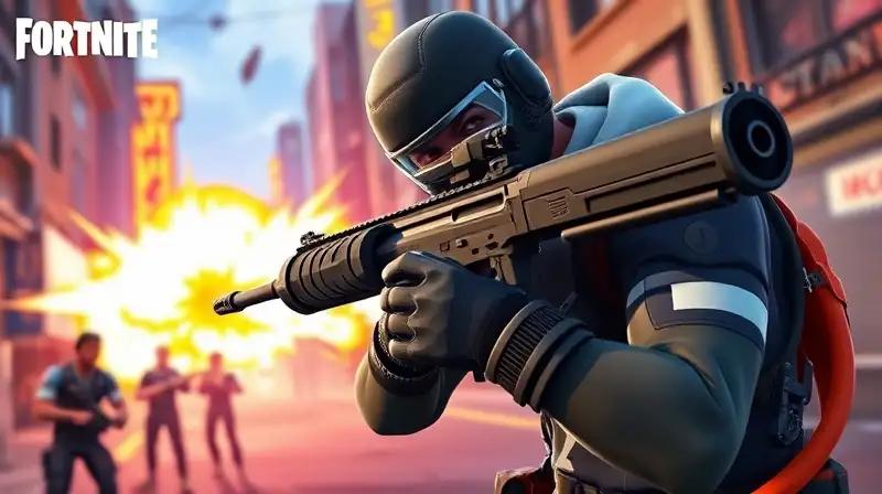 Personaje de Fortnite en combate urbano intenso