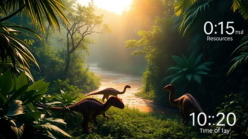 Jungla prehistórica con dinosaurios y luz