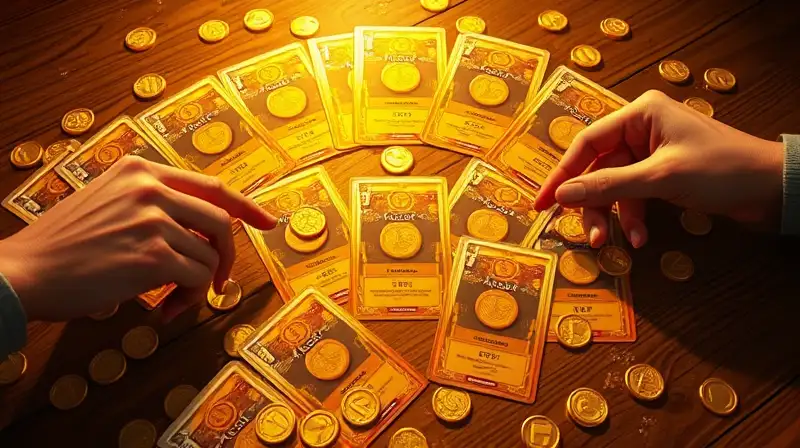 Cartas doradas brillan sobre mesa de madera