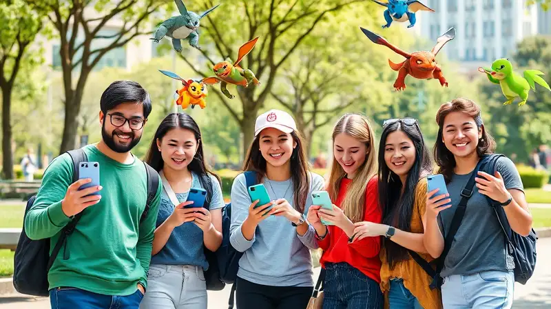 Amigos juegan Pokémon GO juntos en parque