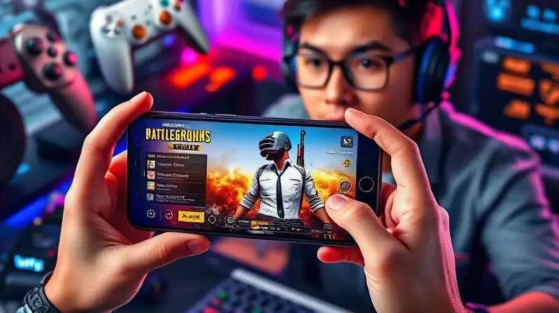 Gamer con smartphone y accesorios en setup