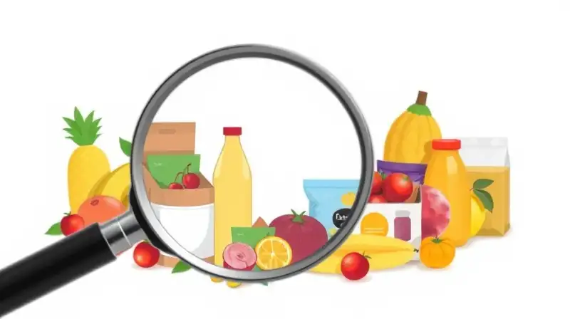 Lupa enfocando productos consumibles sobre fondo blanco