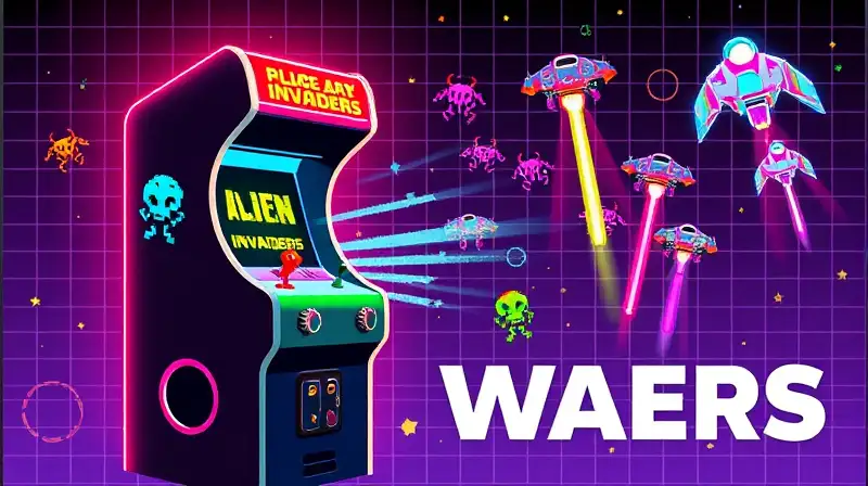 Máquina arcade retro con invasores pixelados