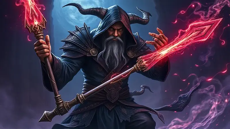 Hechicero oscuro con magia y armas encantadas