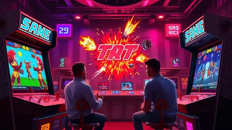 Dos jugadores en arcade retro futurista vibrante