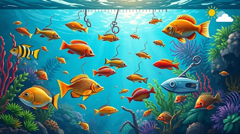 Escena acuática pixelada con peces y plantas