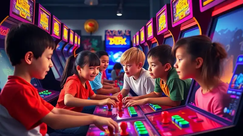 Niños juegan juntos en arcade retro