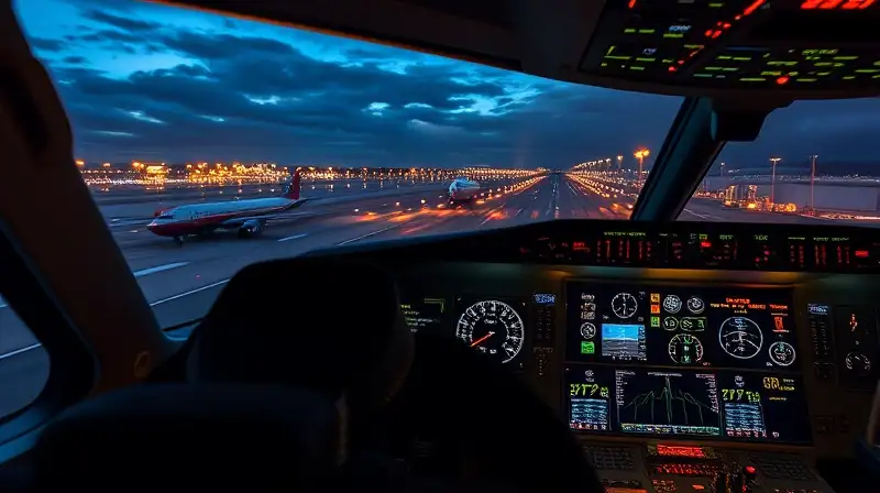 Simulador realista de aeropuerto nocturno detallado