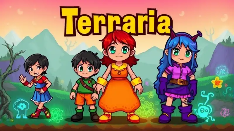 Personajes Terraria coloridos con estilo pixel