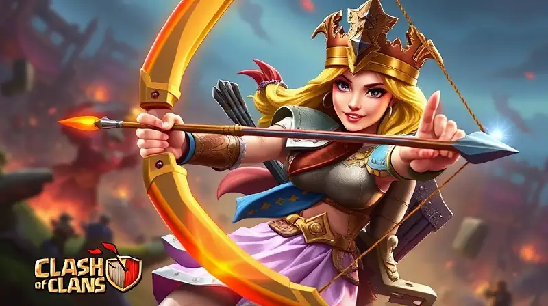 Arquera reina en batalla épica luminosa