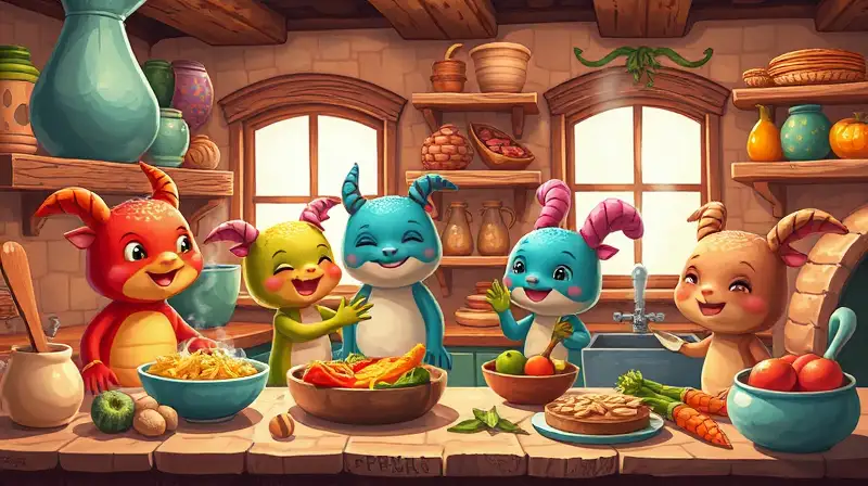 Cocina colorida con criaturas fantásticas cocinando