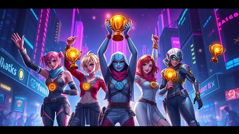 Personajes victoriosos en ciudad futurista neón