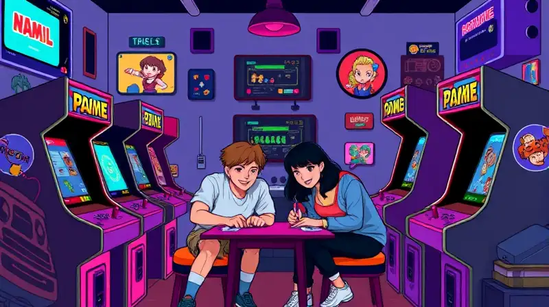 Amigos juegan juntos en ambiente retro