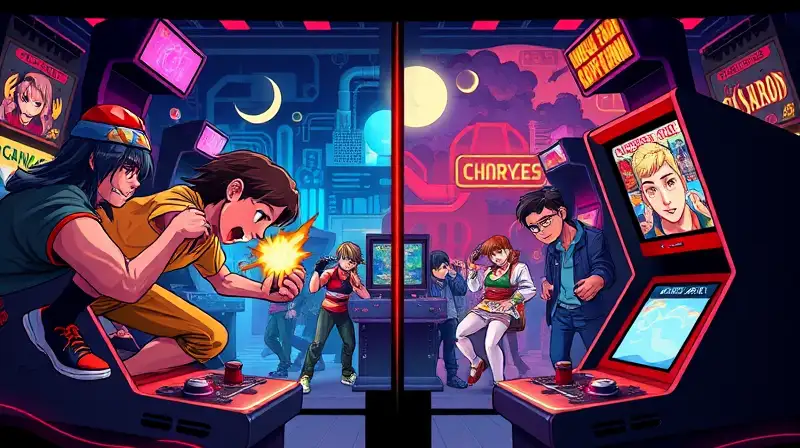Escena arcade dividida con lucha y narrativa