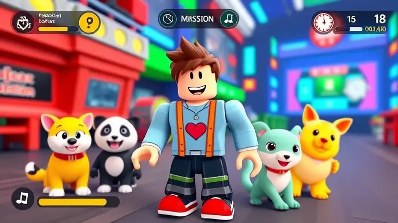 Personaje Roblox con mascotas y ambiente colorido