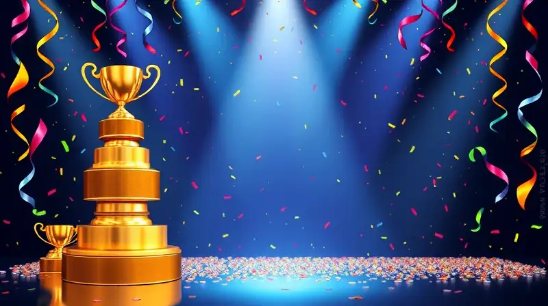 Trofeos dorados brillan en fondo festivo