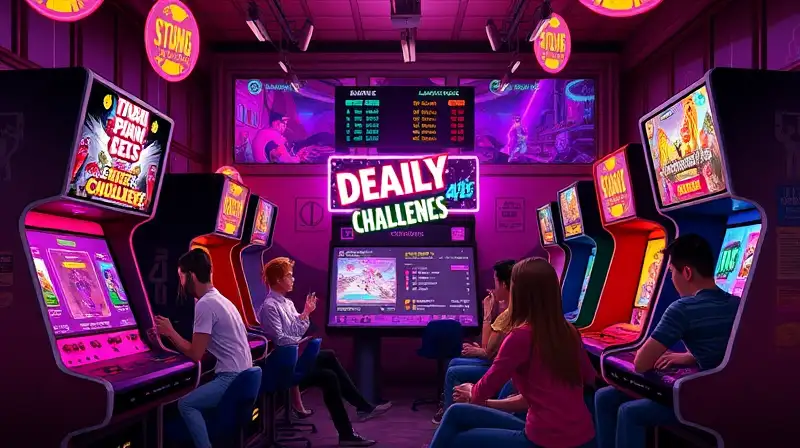 Arcade vibrante con jugadores y desafíos diarios