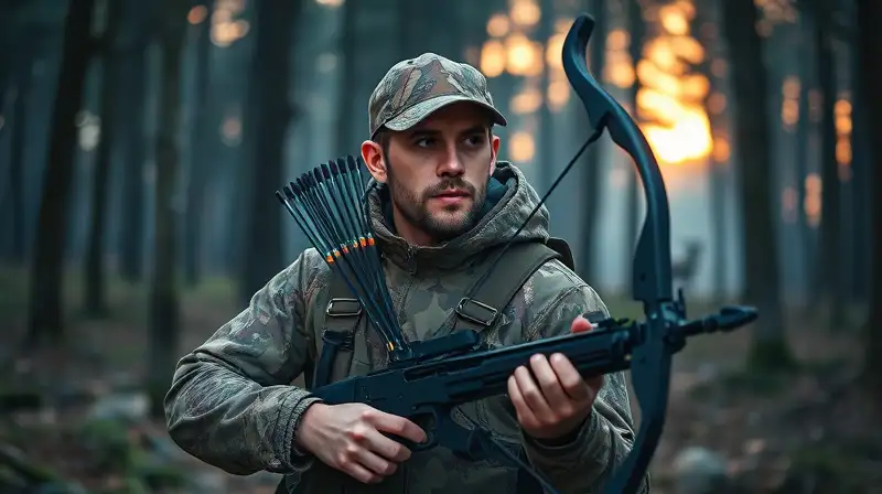 Cazador novato con arco en bosque tranquilo