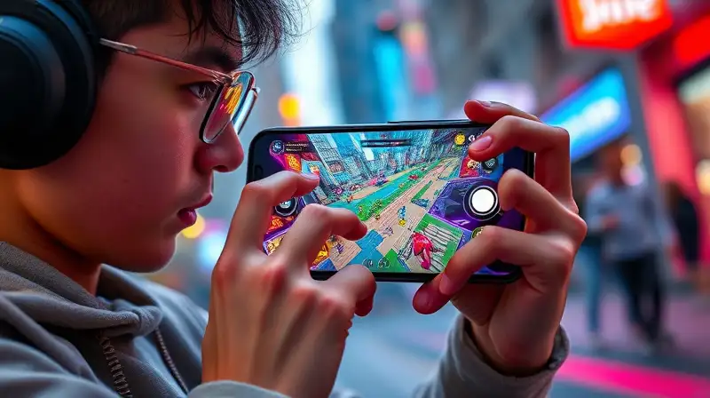 Gamer concentrado juega Mobile Legends en smartphone