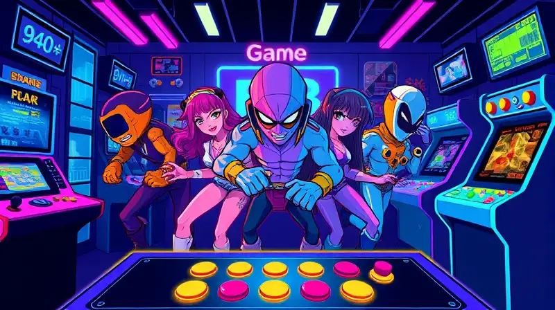 Personajes arcade vibrantes con estilo retro