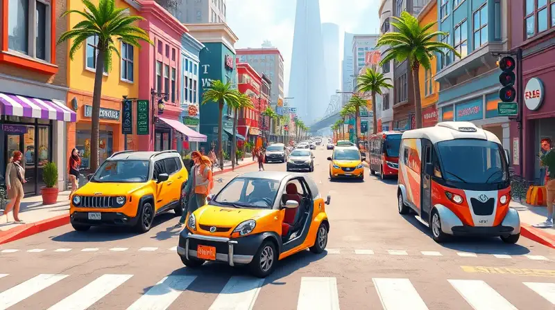 Sims usan vehículos futuristas en ciudad vibrante
