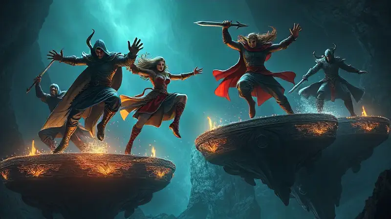 Guerreros fantásticos luchan en plataformas flotantes