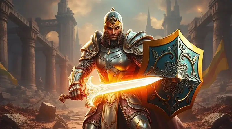 Paladín noble con espada y escudo brillantes