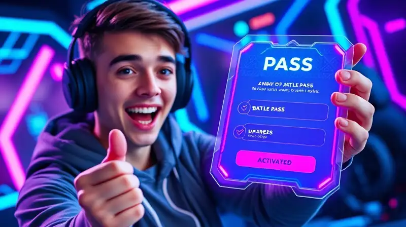 Gamer sostiene pase de batalla holográfico brillante