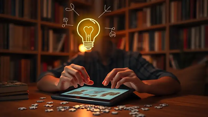 Persona resolviendo puzzles en tablet desconectada