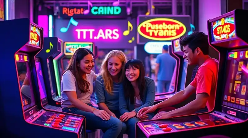 Amigos juegan cooperativo en arcade retro