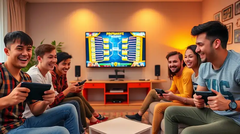 Amigos juegan videojuegos en sala vibrante