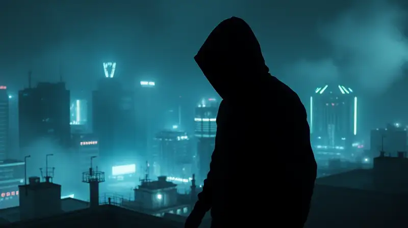 Figura silenciosa se mueve en ciudad futurista