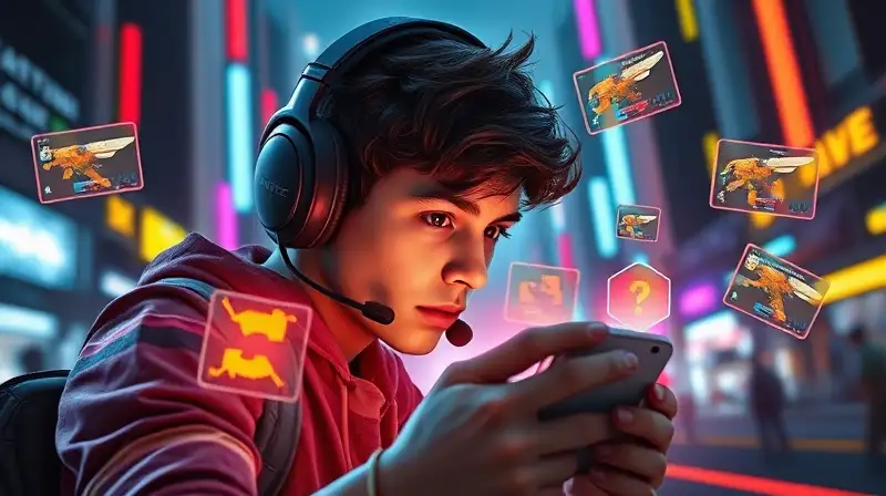 Jugador con auriculares en ciudad futurista